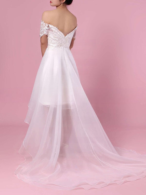 A-line Off-the-shoulder Organza Asymmetrical Wedding Dress With Appliques Lace