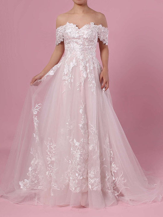 Beautiful Off-the-shoulder Wedding Gown with Appliques Lace and Tulle Sweep Train