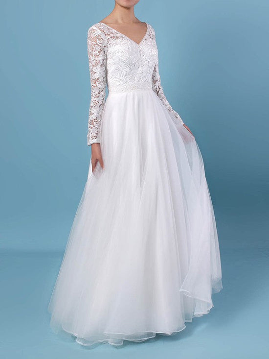 A-line V-neck Lace Tulle Floor-length Wedding Dresses