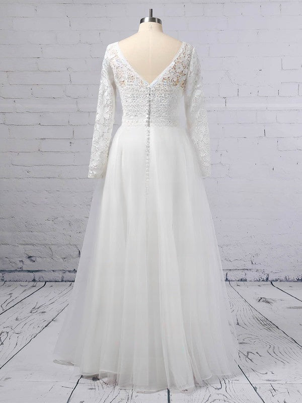 A-line V-neck Lace Tulle Floor-length Wedding Dresses