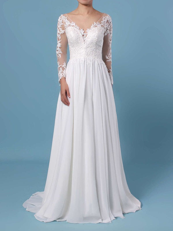 A-line V-neck Chiffon Sweep Train Wedding Dress With Appliques Lace