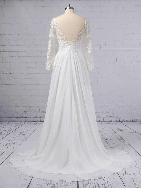 A-line V-neck Chiffon Sweep Train Wedding Dress With Appliques Lace