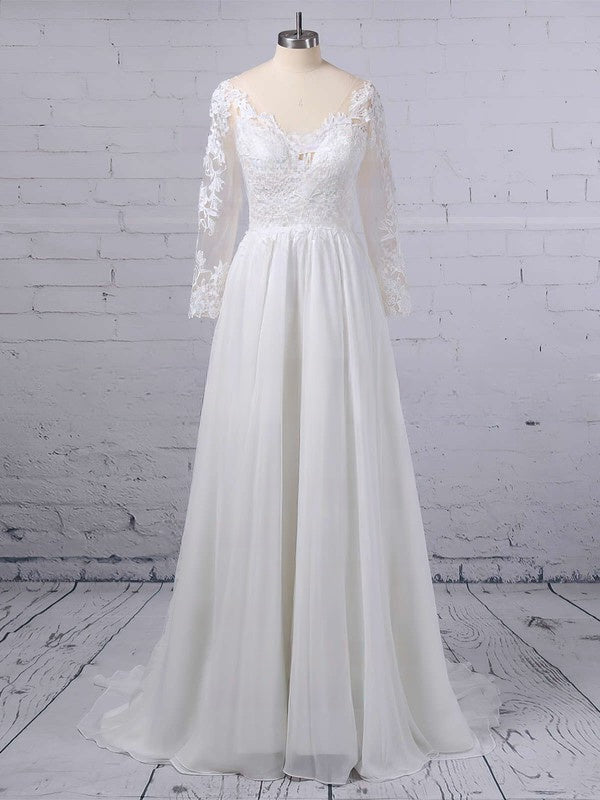 A-line V-neck Chiffon Sweep Train Wedding Dress With Appliques Lace