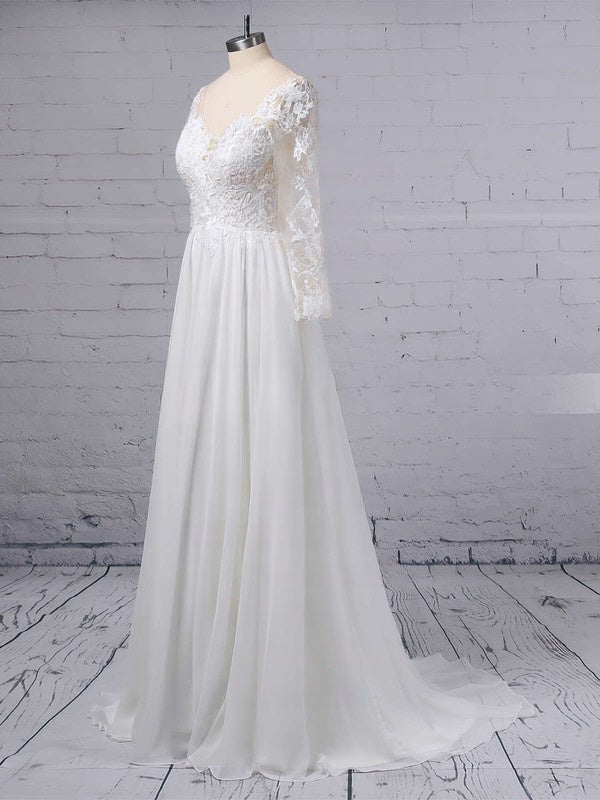 A-line V-neck Chiffon Sweep Train Wedding Dress With Appliques Lace