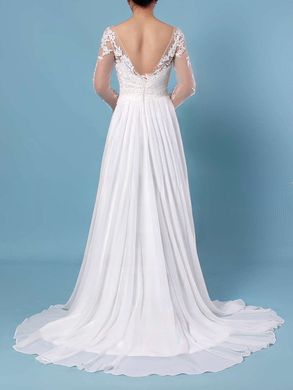 A-line V-neck Chiffon Sweep Train Wedding Dress With Appliques Lace