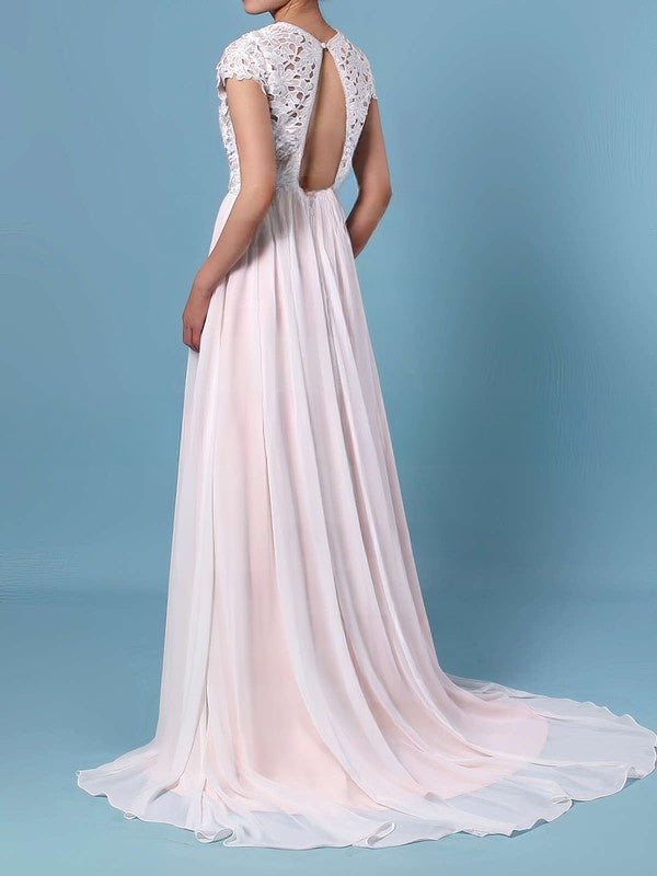 A-Line Illusion Lace Chiffon Floor-Length Wedding Dress