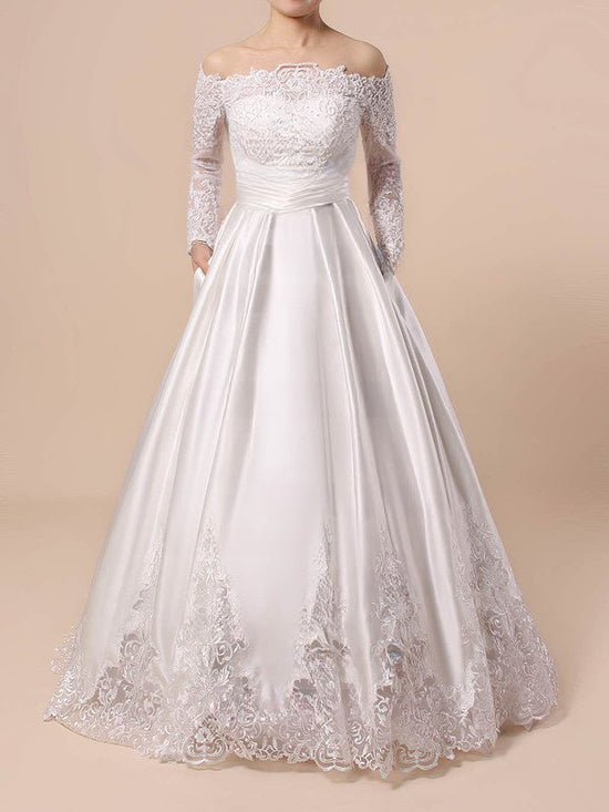 Off-the-Shoulder Satin Ball Gown Wedding Dress with Pockets