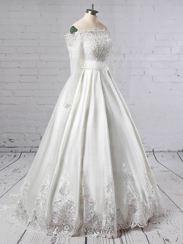 Off-the-Shoulder Satin Ball Gown Wedding Dress with Pockets