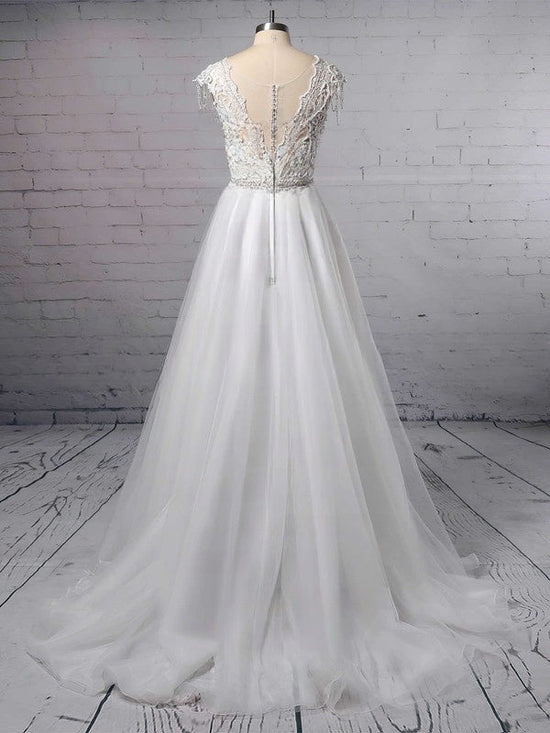 V-neck Tulle Sweep Train Wedding Dress With Appliques Lace for Ball Gowns