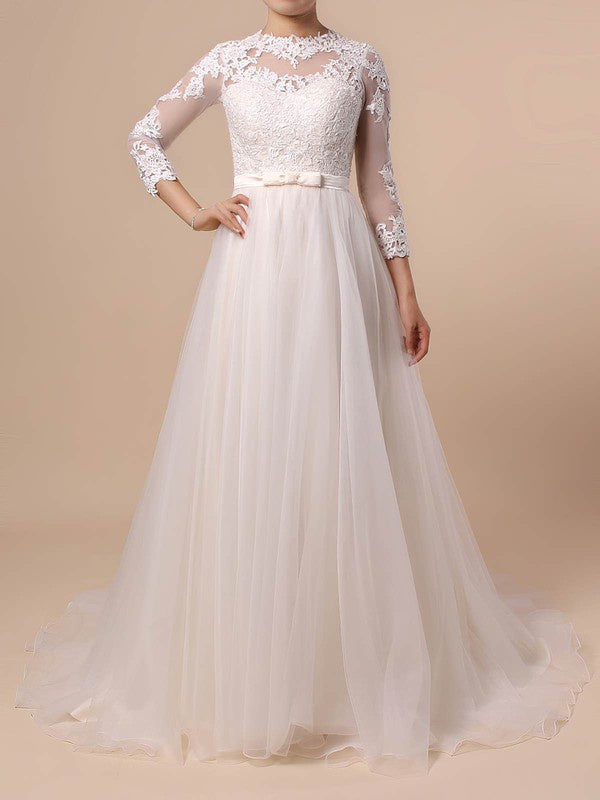 Elegant Ball Gown Wedding Dress with Illusion Tulle, Appliques Lace, and Sweep Train