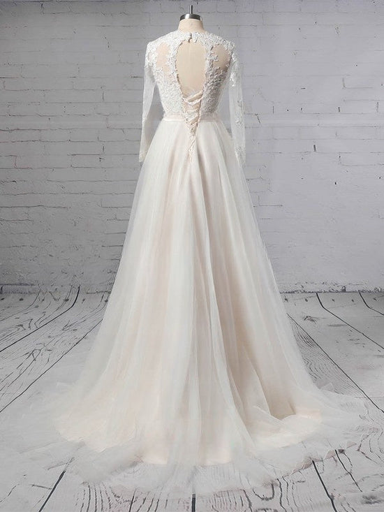 Elegant Ball Gown Wedding Dress with Illusion Tulle, Appliques Lace, and Sweep Train