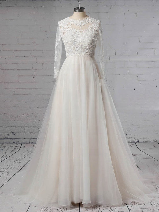 Elegant Ball Gown Wedding Dress with Illusion Tulle, Appliques Lace, and Sweep Train