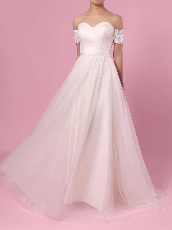 Lace Off-the-shoulder Ball Gown Tulle Sweep Train Wedding Dress