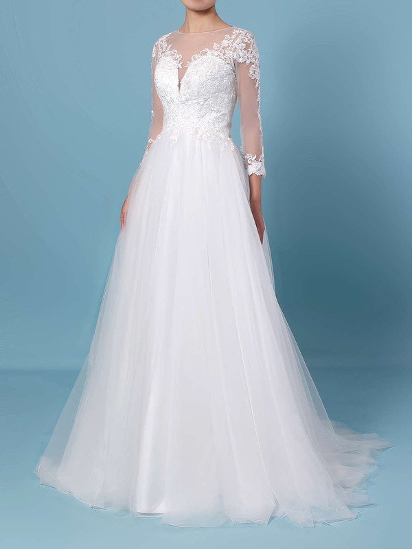 Illusion Tulle Ball Gown Wedding Dress with Applique Lace and Sweep Train