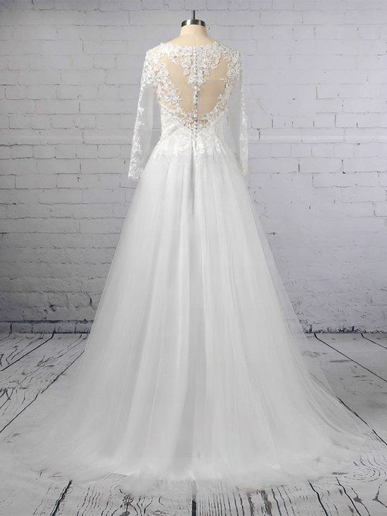 Illusion Tulle Ball Gown Wedding Dress with Applique Lace and Sweep Train