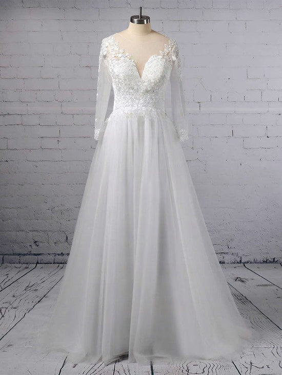 Illusion Tulle Ball Gown Wedding Dress with Applique Lace and Sweep Train