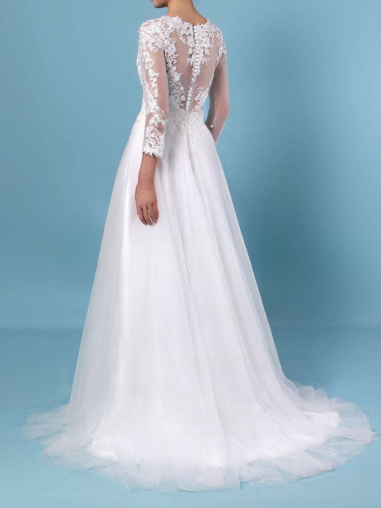 Illusion Tulle Ball Gown Wedding Dress with Applique Lace and Sweep Train