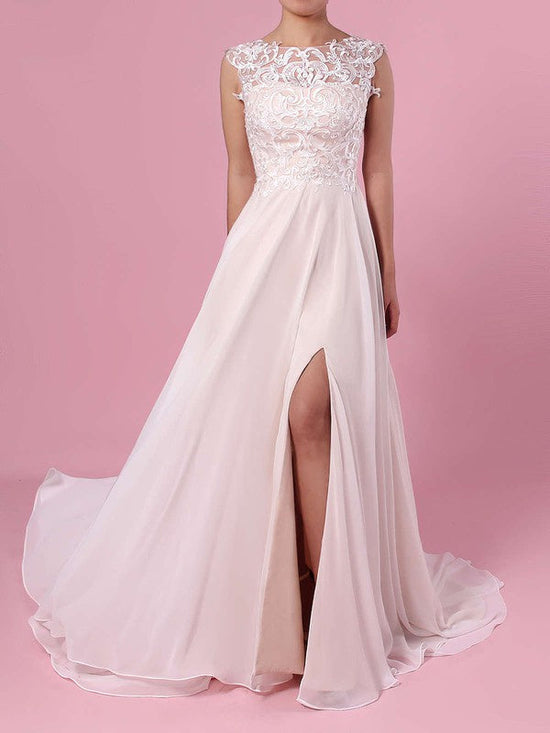 A-Line Illusion Chiffon Wedding Dresses with Split Front and Sweep Train