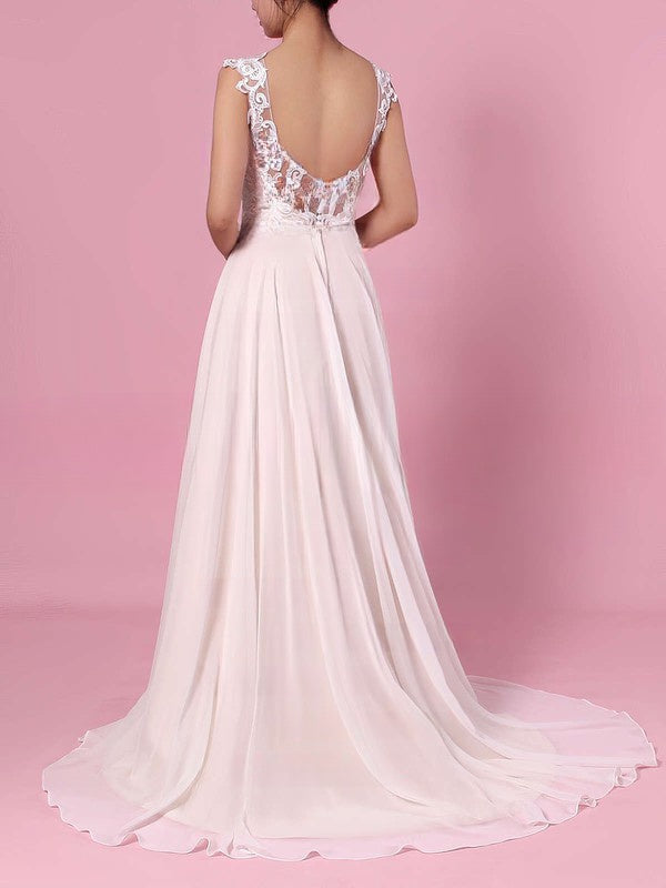 A-Line Illusion Chiffon Wedding Dresses with Split Front and Sweep Train