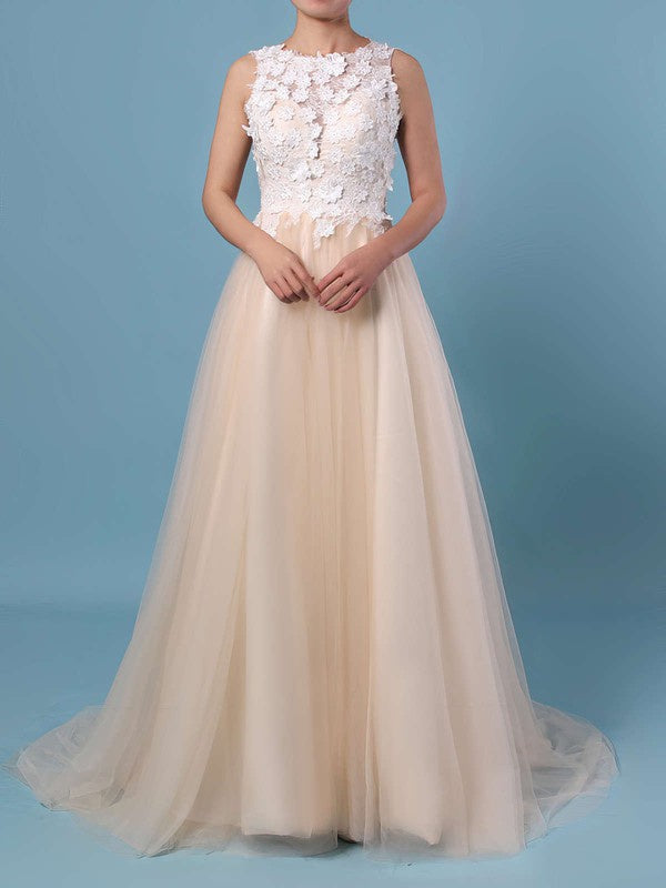 Illusion Lace Tulle Sweep Train Wedding Dress With Flower(s) for Ball Gowns