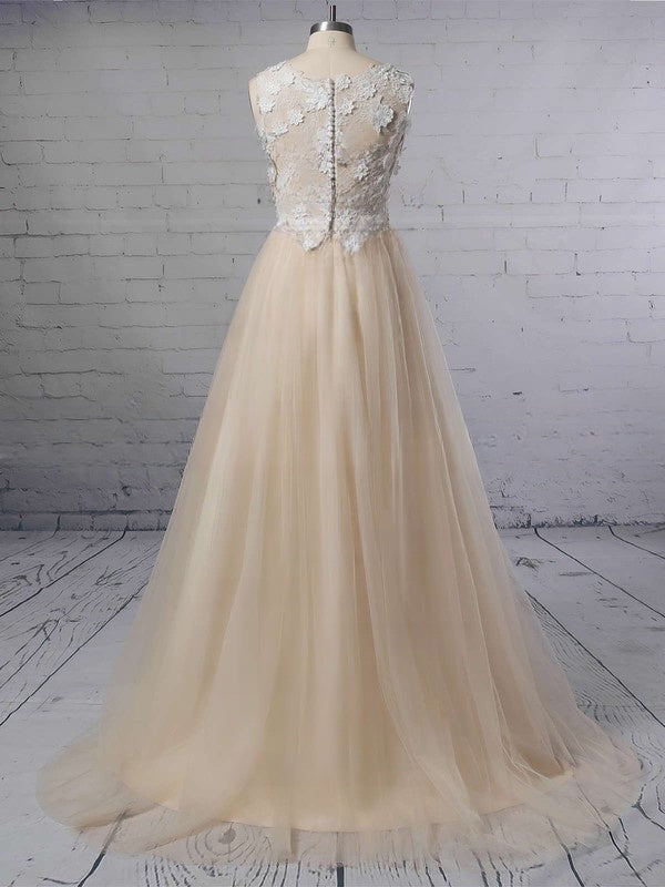 Illusion Lace Tulle Sweep Train Wedding Dress With Flower(s) for Ball Gowns