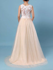 Illusion Lace Tulle Sweep Train Wedding Dress With Flower(s) for Ball Gowns