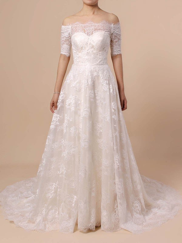 Off-the-shoulder Lace Ball Gown Wedding Dress with Sweep Train