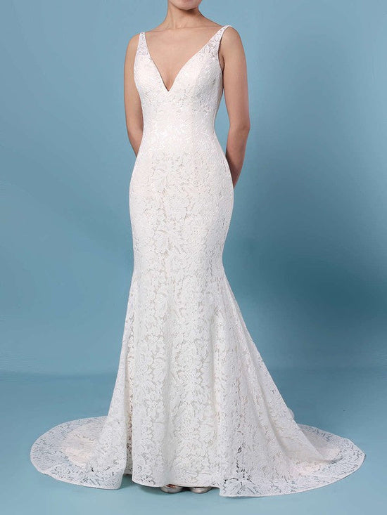 Elegant Trumpet/Mermaid V-neck Lace Sweep Train Wedding Dress