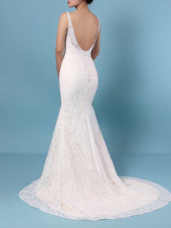 Elegant Trumpet/Mermaid V-neck Lace Sweep Train Wedding Dress