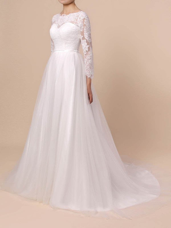 Illusion Lace Tulle Ball Gown Wedding Dress with Appliques and Sweep Train