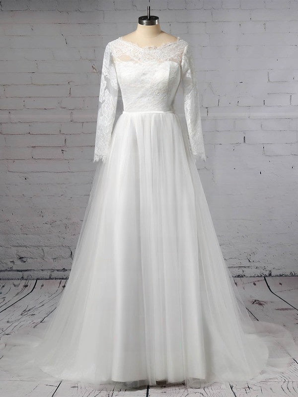 Illusion Lace Tulle Ball Gown Wedding Dress with Appliques and Sweep Train