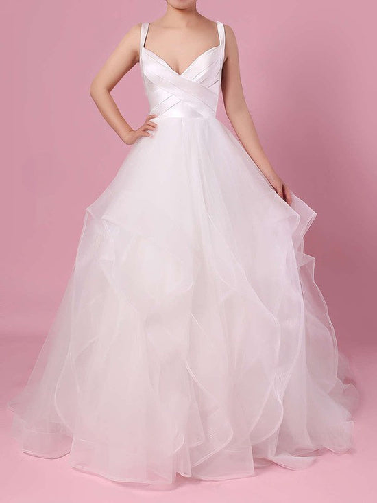 V-neck Organza Ball Gown Wedding Dress with Floor-length Cascading Ruffles