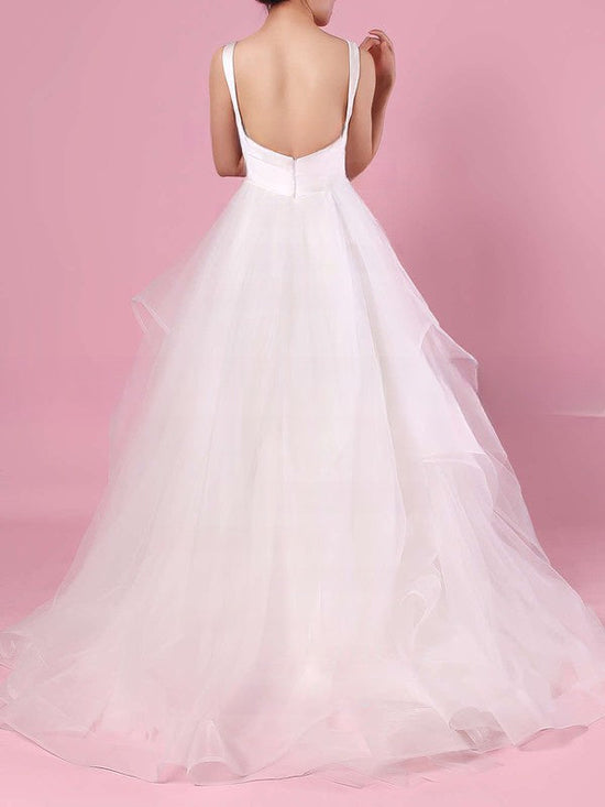 V-neck Organza Ball Gown Wedding Dress with Floor-length Cascading Ruffles