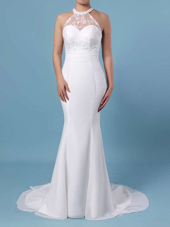 Stunning Trumpet/Mermaid Illusion Chiffon Sweep Train Wedding Dress with Lace