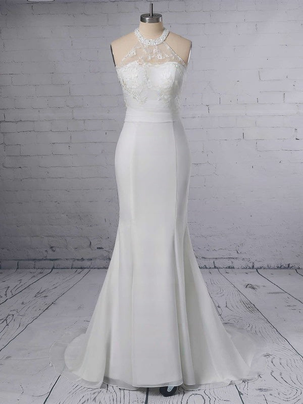 Stunning Trumpet/Mermaid Illusion Chiffon Sweep Train Wedding Dress with Lace