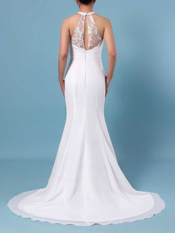 Stunning Trumpet/Mermaid Illusion Chiffon Sweep Train Wedding Dress with Lace