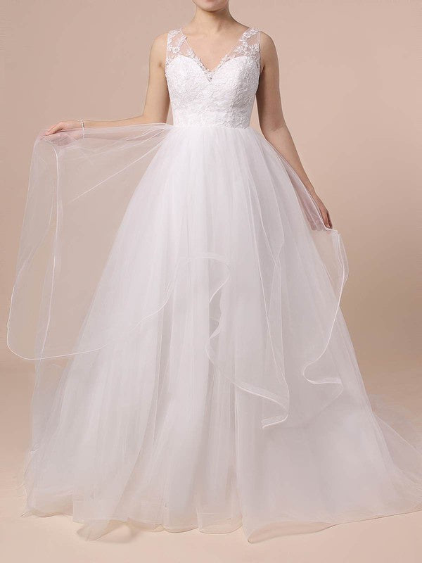 V-neck Tulle Ball Gown Wedding Dress with Cascading Ruffles and Sweep Train