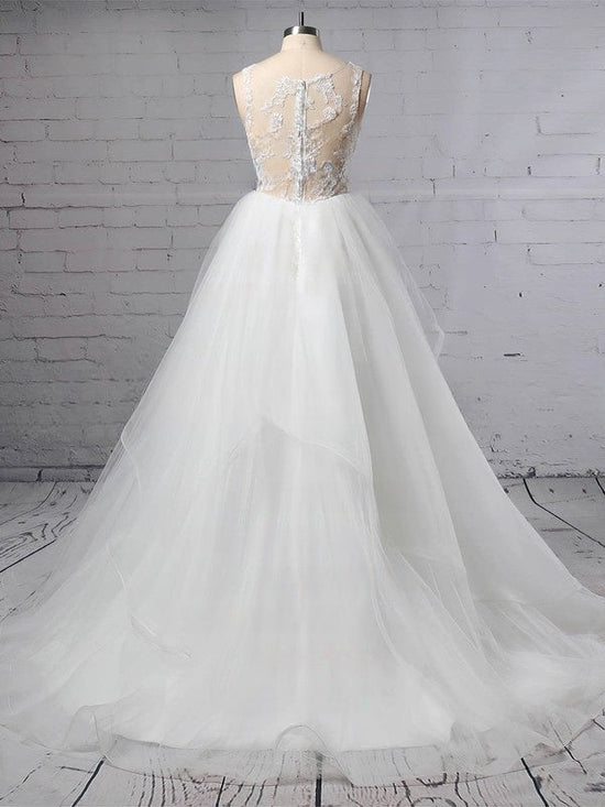 V-neck Tulle Ball Gown Wedding Dress with Cascading Ruffles and Sweep Train