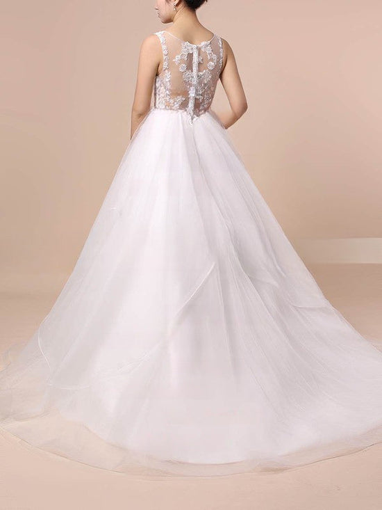 V-neck Tulle Ball Gown Wedding Dress with Cascading Ruffles and Sweep Train