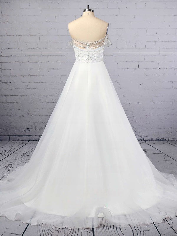 Off-the-shoulder Organza Ball Gown Wedding Dress with Sequins and Sweep Train