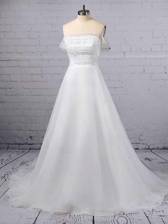 Off-the-shoulder Organza Ball Gown Wedding Dress with Sequins and Sweep Train