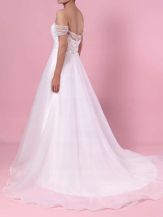 Off-the-shoulder Organza Ball Gown Wedding Dress with Sequins and Sweep Train