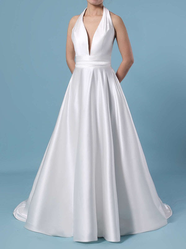 Halter Satin Sweep Train Wedding Dress with Ruffles