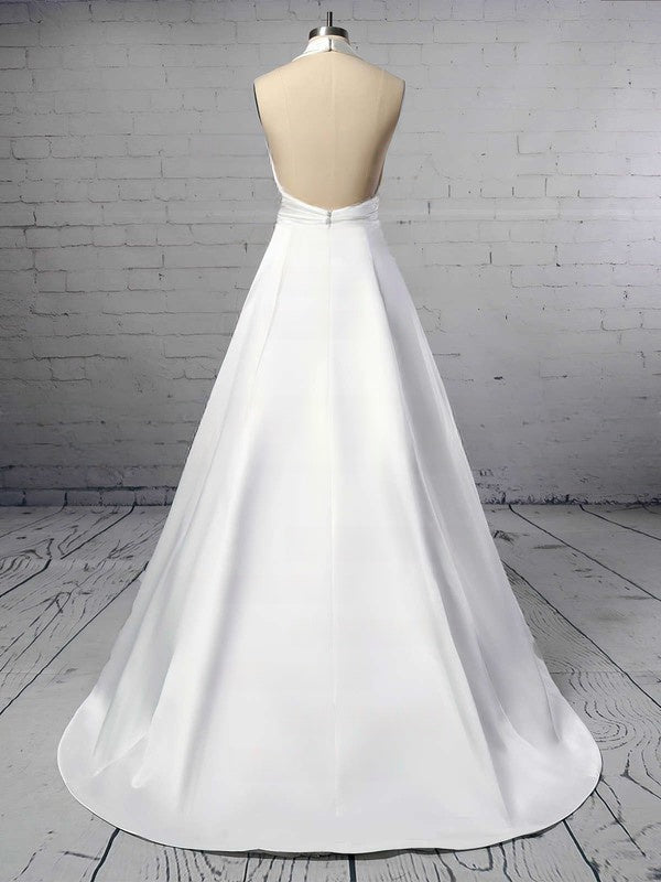 Halter Satin Sweep Train Wedding Dress with Ruffles