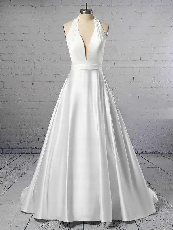 Halter Satin Sweep Train Wedding Dress with Ruffles