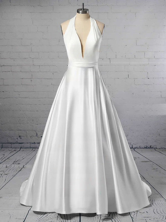 Halter Satin Sweep Train Wedding Dress with Ruffles