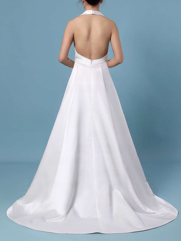 Halter Satin Sweep Train Wedding Dress with Ruffles