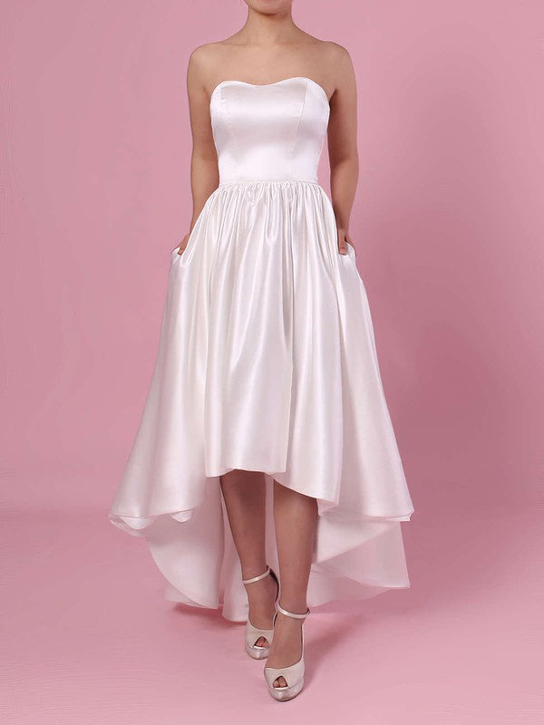 A-Line Straight Satin Asymmetrical Wedding Dresses with Pockets