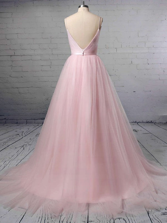 V-neck Tulle Ball Gown Wedding Dress with Sashes and Sweep Train