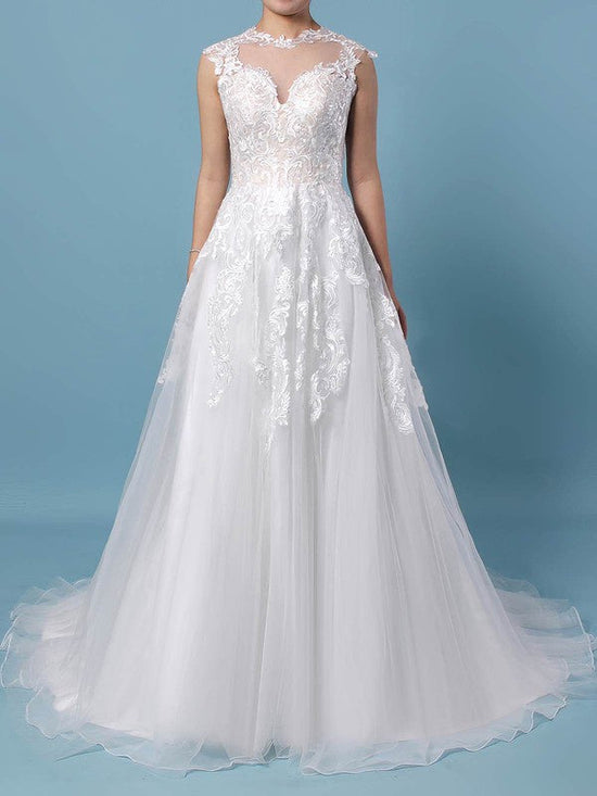 Illusion Tulle Ball Gown Wedding Dresses With Appliques Lace Sweep Train